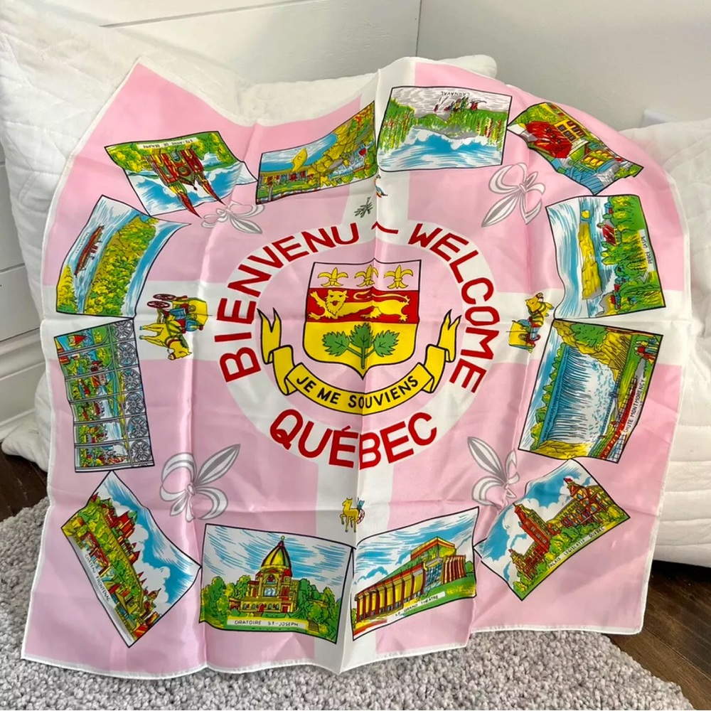Vintage Pink Scarf QUEBEC Canada Acetate 26” Square, Made in Japan